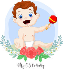 Cartoon cute little baby boy with musical toy