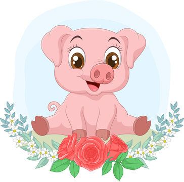 Cartoon baby pig sitting in the grass with flowers