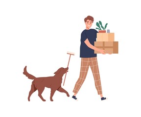 Man and dog moving. Person carrying carton boxes and plant. Guy and doggy walking with home stuff. Changing house, relocation and removal concept. Flat vector illustration isolated on white background