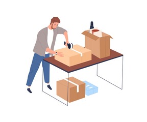 Person packing stuff in carton boxes. Man preparing cardboards for moving. Guy with scotch tape tool and packages during relocation preparations. Flat vector illustration isolated on white background