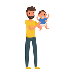 Father holding little son on his hands, isolated on white background. Vector illustration.
