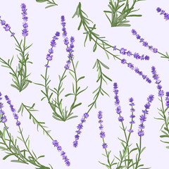 Seamless repeating pattern of lavender flowers on light violet background, vector illustration.