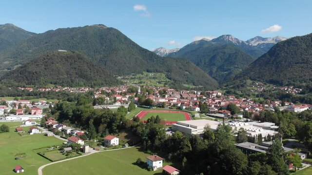 Aerial view of small town Tolmin in Soca valley, Slovenia on sunny summer day