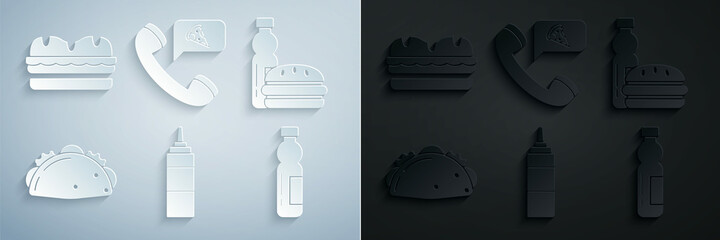 Set Sauce bottle, Bottle of water and burger, Taco with tortilla, Food ordering pizza and Sandwich icon. Vector