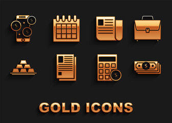Set File document, Briefcase, Stacks paper money cash, Calculator with dollar symbol, Gold bars, Smartphone and Calendar icon. Vector