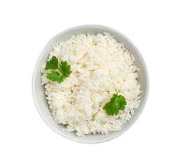 Bowl with tasty boiled rice on white background