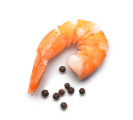 Tasty boiled shrimp tail with peppercorn on white background