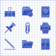 Set Paper clip, Document folder, Envelope, Printer, Pencil with eraser and line, Push pin, User manual and Binder icon. Vector