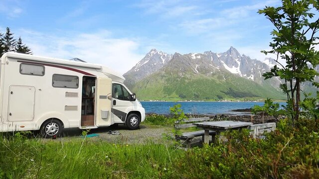 Family vacation travel RV, holiday trip in motorhome