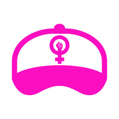 Día de la mujer. Logotipo símbolo feminista con puño estampado en gorra de béisbol en color rosa