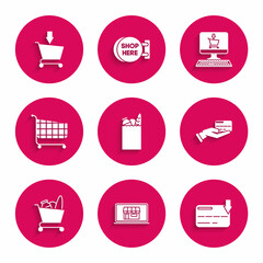 Set Paper shopping bag and food, Shopping building on screen laptop, Credit card, Human hand holding with credit, cart, computer and Add icon. Vector