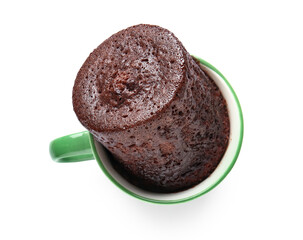 Cup with tasty chocolate brownie on white background