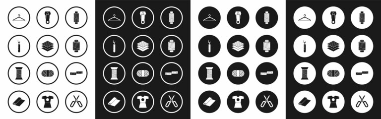 Set Sewing thread on spool, Textile fabric roll, Cutter tool, Hanger wardrobe, Zipper, Tape measure and icon. Vector