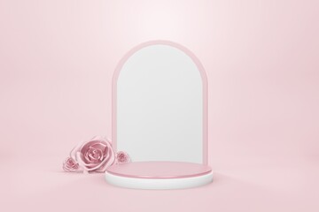 Valentine's day, rose pink gold of round podium or pedestal with pink empty studio room, product background, mockup for love concept display. 3D render