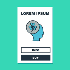 Filled outline Human head with clover trefoil leaf icon isolated on turquoise background. Happy Saint Patricks day. National Irish holiday. Vector