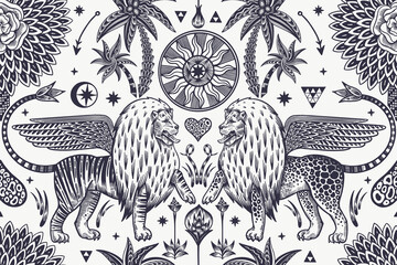 Lions with wings, sun, palm trees, arrows. Fantasy animals in the garden seamless pattern. - 481330500