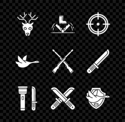 Set Deer head with antlers, Trap hunting, Target sport for shooting competition, Flashlight and knife, Crossed hunter, Flying duck shield, and Two crossed shotguns icon. Vector