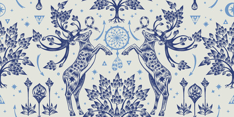Fototapety  Seamless pattern. Deer with sprouted antlers in a fantasy garden.