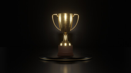 gold cup with black background, isolated gold cup, 3D rendering, shiny 