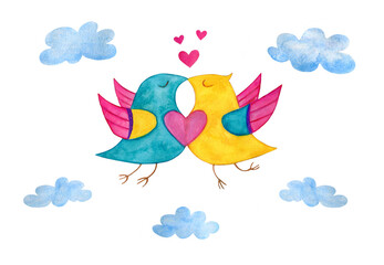 watercolor drawing of two birds in love in the clouds.