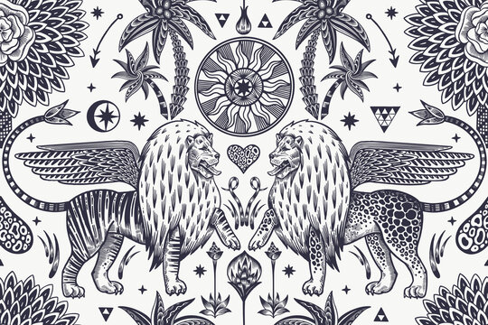 Lions with wings, sun, palm trees, arrows. Fantasy animals in the garden seamless pattern.
