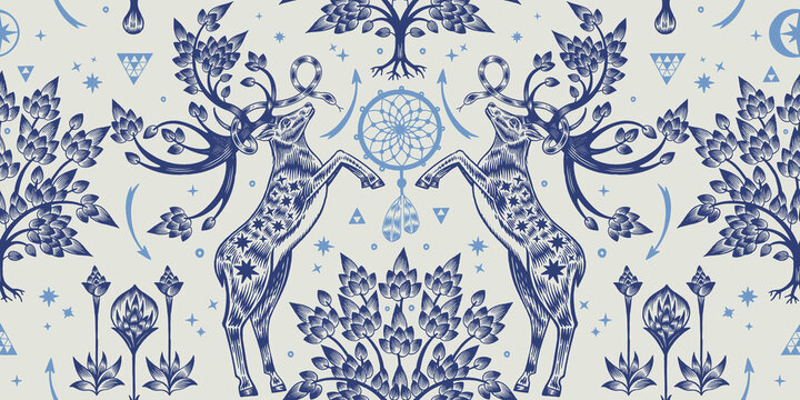 Seamless pattern. Deer with sprouted antlers in a fantasy garden.