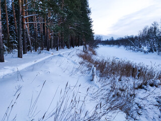a small wooden bridge across the river in the winter forest