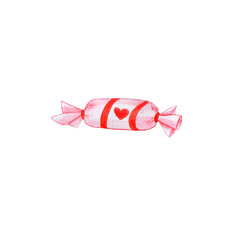 Watercolor illustration of pink candy cane with heart for decoration poster or greeting card Valentine's Day.