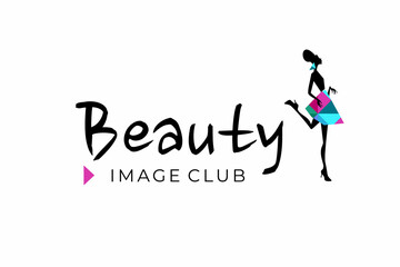 Beauty saloon logotype, Image Club with pretty girl princess silhouette with crystals on skirt and the earring on white background. Vector illustration for logo bridal shop, kids fashion, jewellery