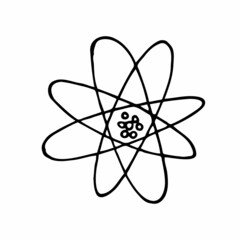 Atom structure icon in doodle sketch lines. Science technology school college education molecule particles. Vector science sign