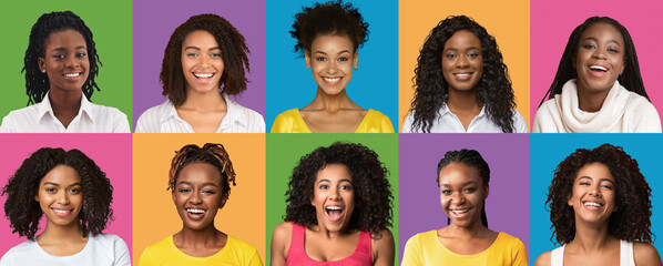 Attractive young black ladies showing various positive emotions