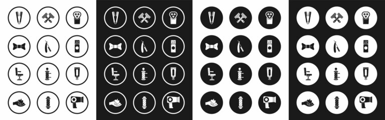 Set Electrical hair clipper or shaver, Straight razor, Bow tie, Curling iron for, Shaving gel foam, Crossed shaving, Cream lotion cosmetic tube and Barbershop chair icon. Vector