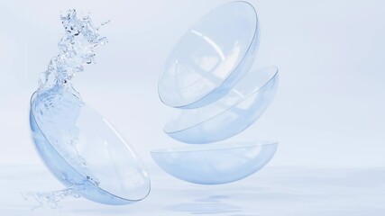 3d animation, contact lenses for eye care in water splash, liquid solution for cleaning blue clear soft lens. Medical equipment for optical vision correction on aqua surface, mockup for package design