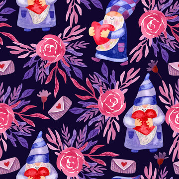 Watercolor seamless pattern with lovely gnomes with hearts and roses on dark background. Beautiful textile print. Great for fabrics, wrapping papers, linens. Pink and purple colors.