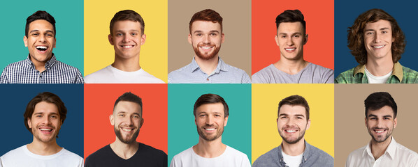 Happy male faces over colorful studio backgrounds, collection of photos
