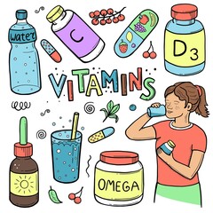 Vector color drawing of vitamins and supplements. Amino acids. Water, oxygen cocktail. The girl is taking pills. Right way of life. doodle. hand drawing
