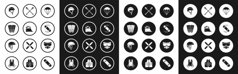 Set Parachute, Bicycle on street ramp, Rubber flippers for swimming, helmet, Skateboard trick, Crossed paddle, Diving mask and Helmet icon. Vector