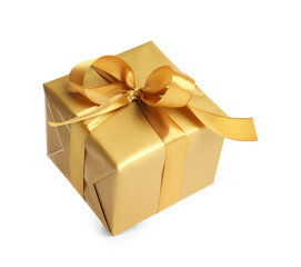 Gift box with golden ribbon and bow on white background