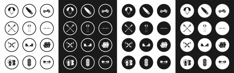 Set All Terrain Vehicle or ATV motorcycle, Ski poles, Crossed paddle, Parachute, Snowboard, Surfboard, Gloves and and sticks icon. Vector