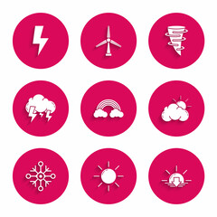 Set Rainbow with clouds, Sun, Sunset, and weather, Snowflake, Storm, Tornado and Lightning bolt icon. Vector