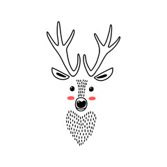 Deer head portrait. Stylized drawing reindeer in simple scandi style. Nursery scandinavian art. Black and white vector illustration - 481332554