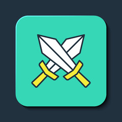 Filled outline Sword for game icon isolated on blue background. Turquoise square button. Vector
