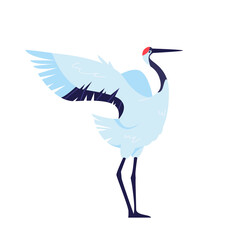 Japanese red crowned crane bird isolated flat vector illustration. Asian wildlife creature, stork, egret, heron design element.