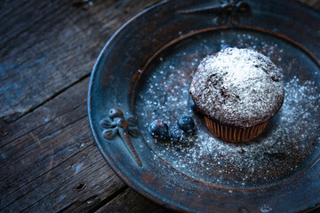 Cupcake covered with sugar powder on plate