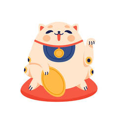 Maneki neko flat cartoon illustration. Japanese folklore symbol banner design. Asian culture, lucky cat, smiling kitty with gold coin printing card.