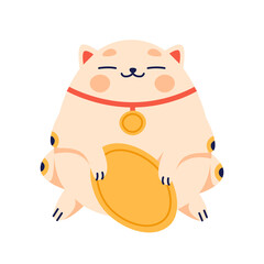 Maneki neko flat cartoon illustration. Japanese folklore symbol banner design. Asian culture, lucky cat, smiling kitty with gold coin printing card.