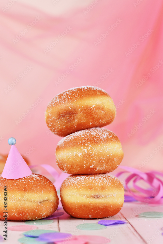 Sticker Stack of 'Berliner Pfannkuchen', a traditional German donut like dessert filled with jam made from sweet yeast dough fried in fat