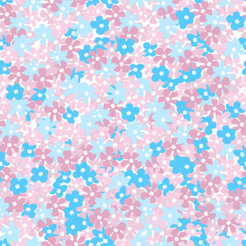 Hand-drawn seamless pattern with floral print. Simple blue and pink flowers on white background. Vector pattern for printing on fabric, gift wrapping, covers, wallpapers.