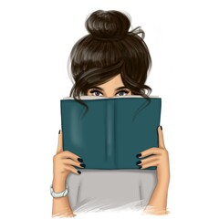 Brunette Woman With Book Isolated Hand Drawn Illustration	
