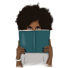 African American Woman With Book Isolated Hand Drawn Illustration	
